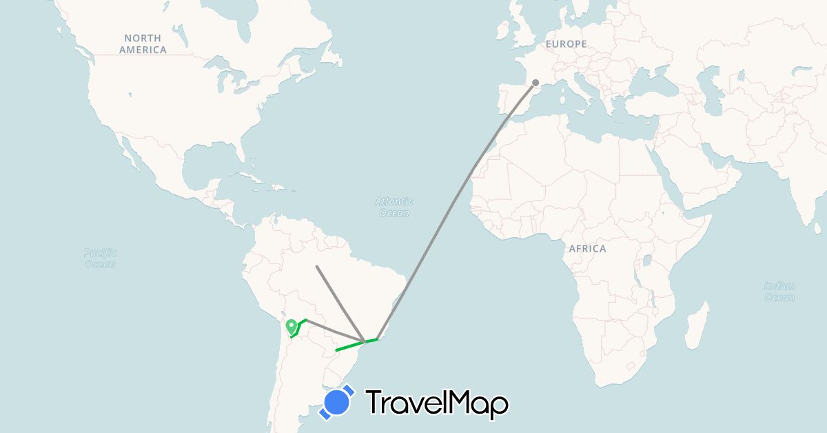 TravelMap itinerary: driving, bus, plane in Bolivia, Brazil, France (Europe, South America)